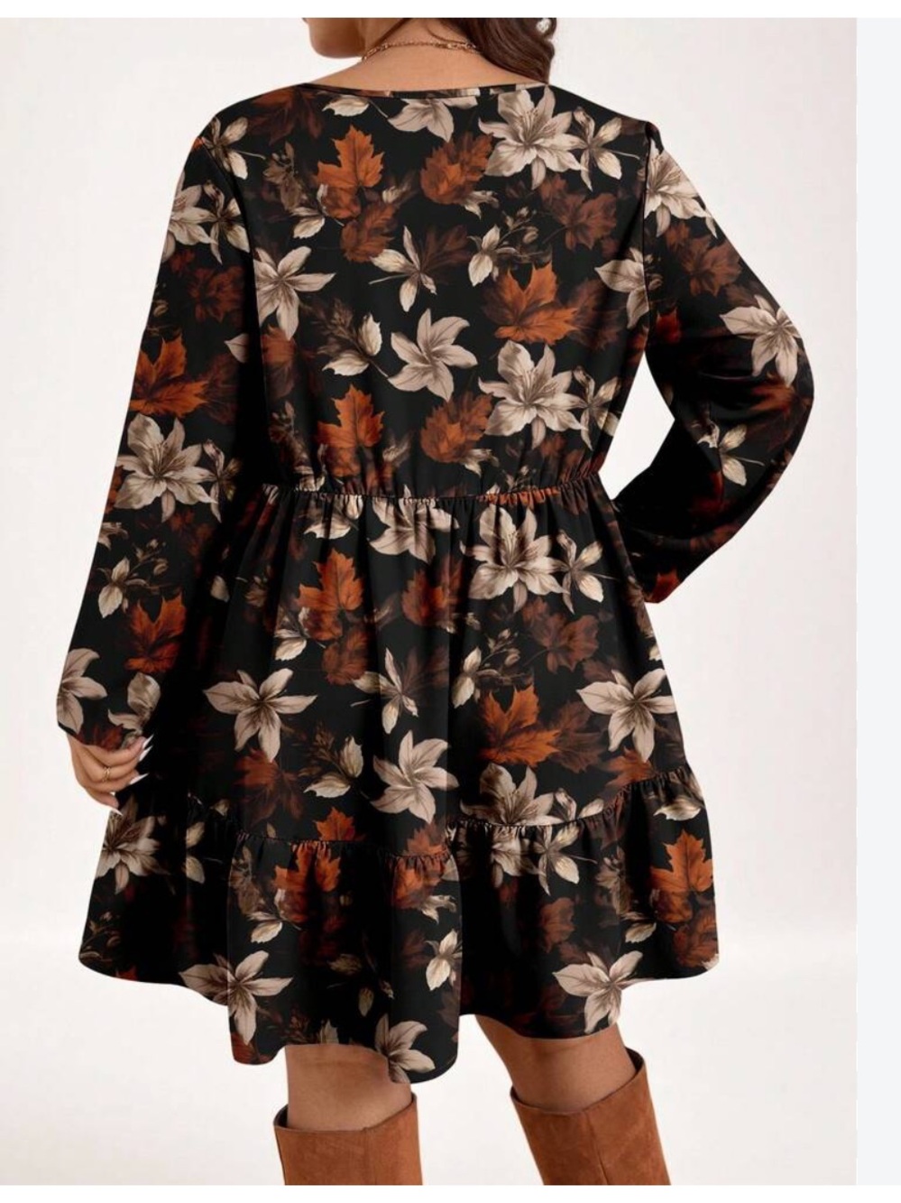 FALL print Black Floral V-Neck Tiered Long Sleeve Dress - Picture 9 of 9